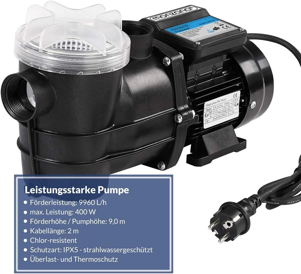 Pompa di filtraggio 9.960 l/h prefiltro Pompe per Piscina sistemi di filtraggio a Sabbia Altezza di Portata 9 m