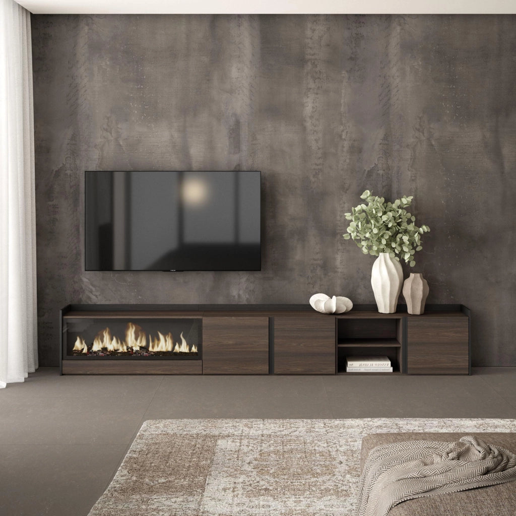 Mobile TV Soggiorno, 315x50x35 cm, Per TV fino a 80", Camino elettrico XXL, Rovere scuro e Nero