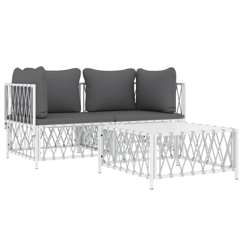 Set Salotto da Giardino 3 pz | Set di Mobili da Esterno con Cuscini in Acciaio Bianco