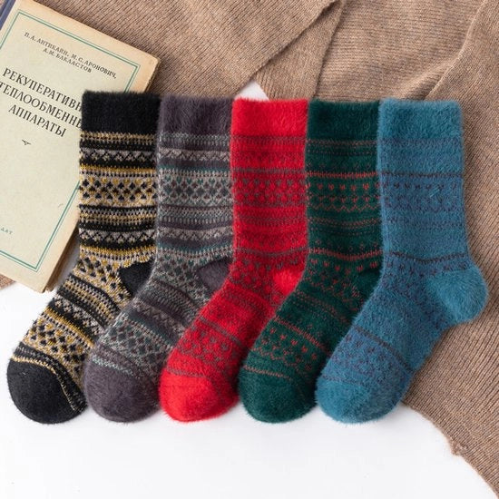 5 paia di calze da inverno imitazione fleece, piccoli triangoli striati, stile retro calze da lana, calze per uomini spesse