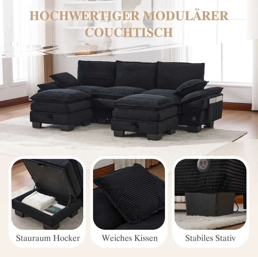 Divano modulare 3 posti con 2 pouf; USB-C; tasche laterali; velluto a coste; nero