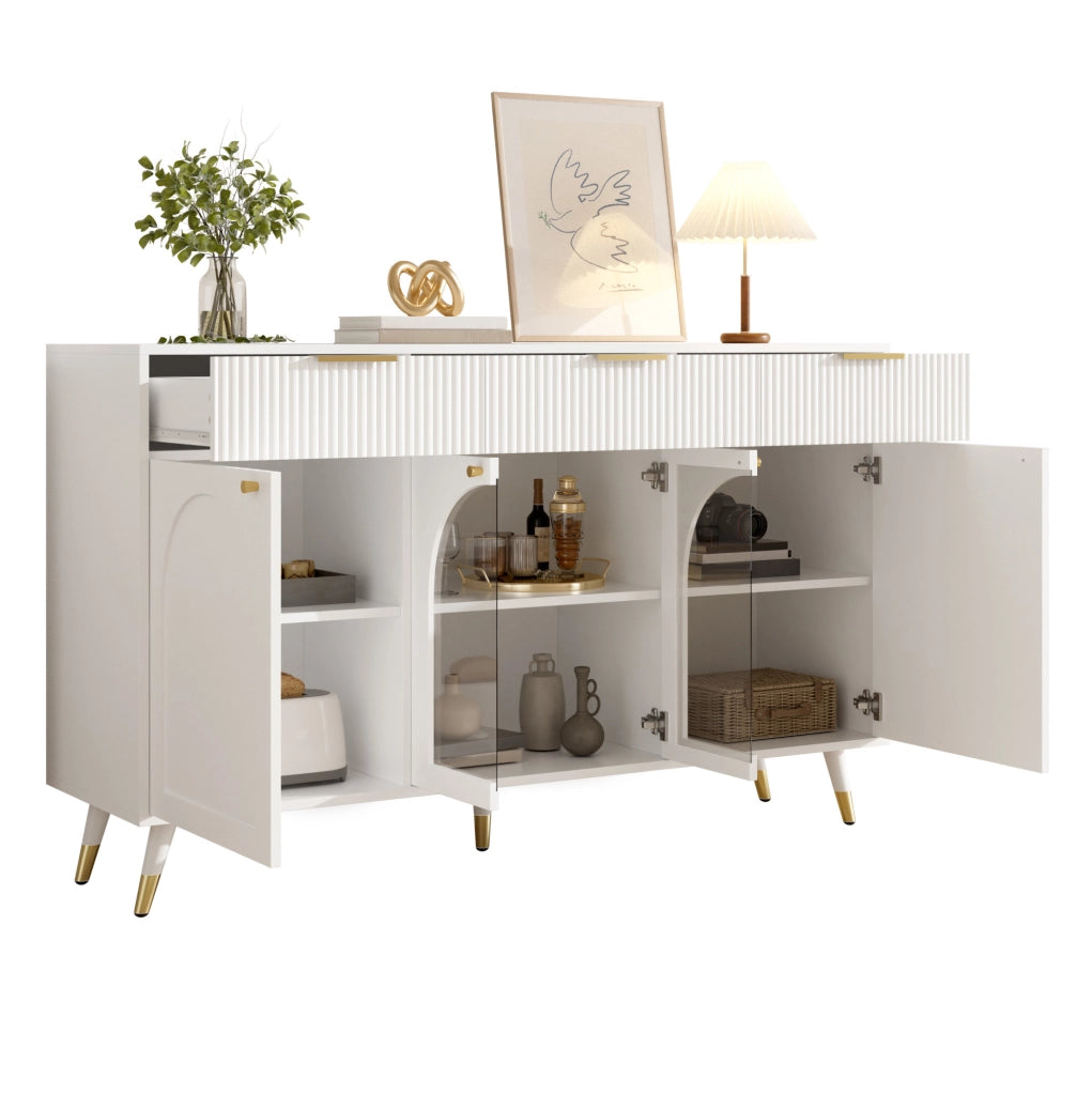 Credenza con 4 ante e 3 cassetti; inserti in acrilico; 140x40x85;5 cm; bianca