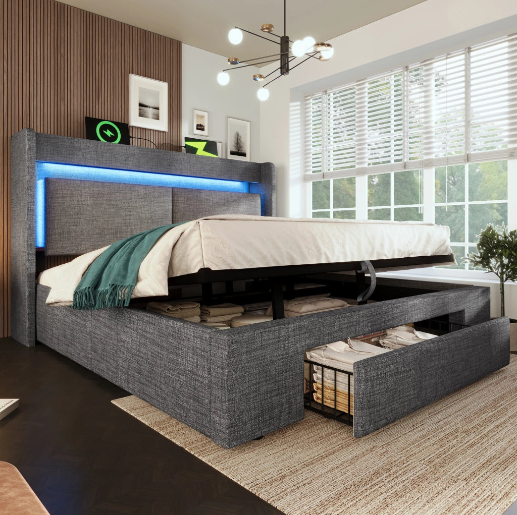 Letto imbottito 140x200 cm grigio con LED, ricarica USB/USB-C, contenitore e materasso H3