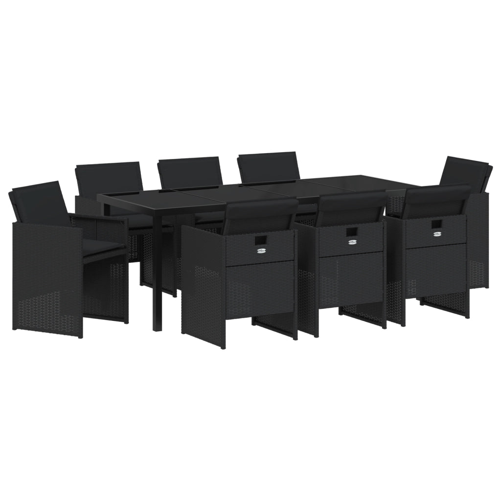Set da Pranzo da Giardino 9 Pezzi con Cuscini - Rattan Poliestere Nero