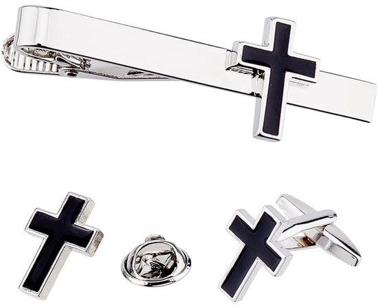 Fibbie per Cravatta in Acciaio Inox con Finestra Emaille - Nero/Croce - Unisex