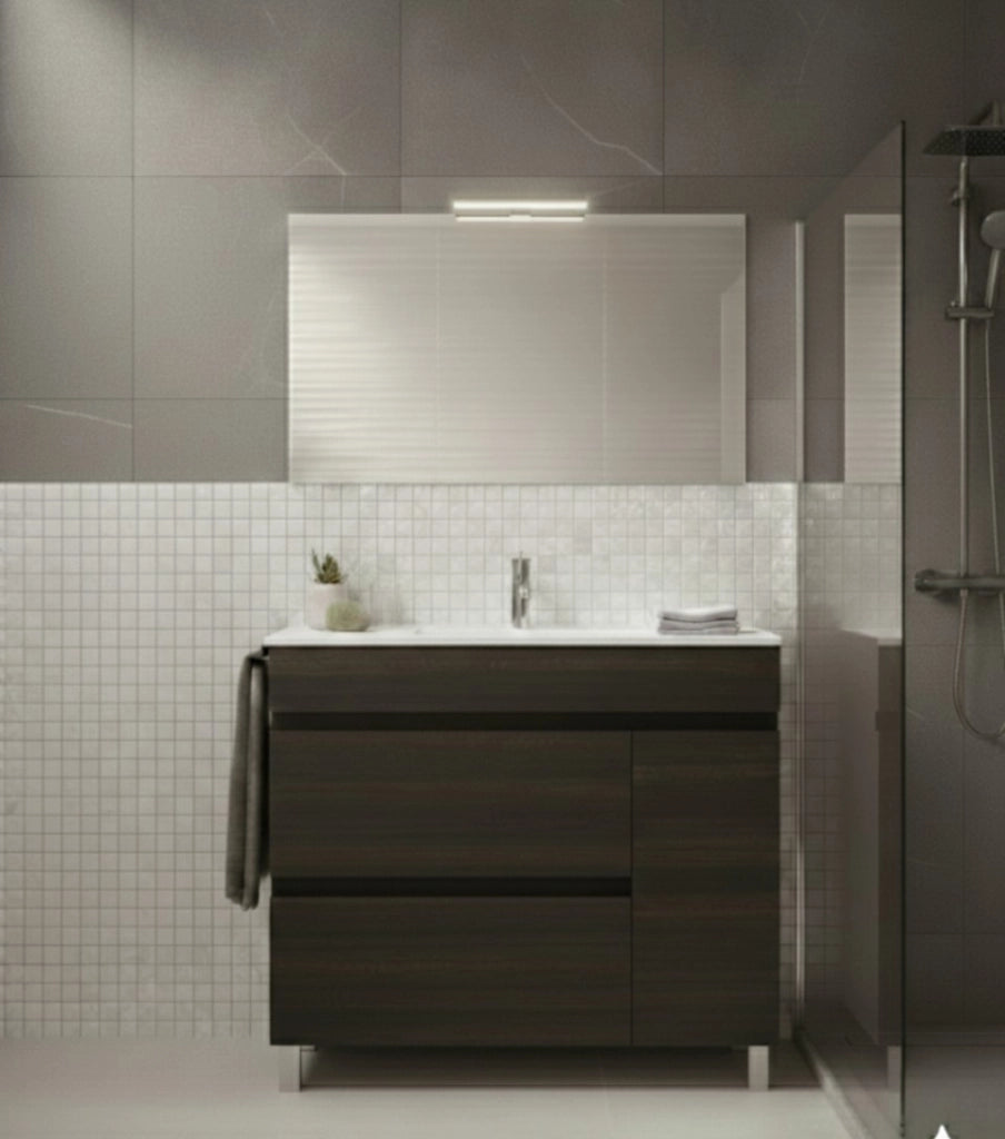 Mobile Bagno FENRIR Già Montato 2 cassetti e porta con piedini, lavabo e specchio Frassino tea 60x45 cm