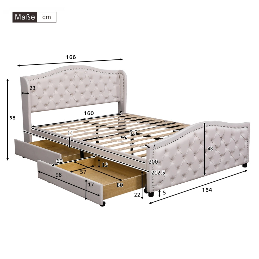OKWISH Letto con Cassetti 160×200 cm, Letto Matrimoniale con 2 Cassetti, Testiera Chesterfield e Trapuntatura, senza Materasso, in PU, Bianco