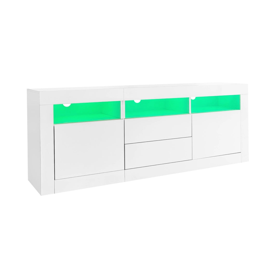 Mobile TV ULEVR 160x35x60 cm bianco lucido con LED Bluetooth, 2 ante, 2 cassetti e 3 vani aperti