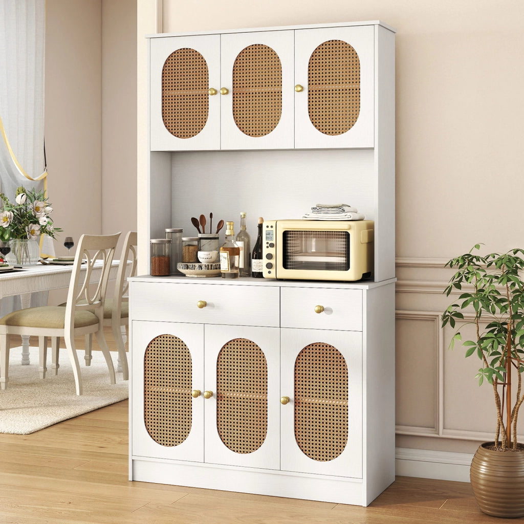 Credenza boho soggiorno 6 ante rattan 2 cassetti vetrina dispensa-Credenza metallo indipendente 180cm Bianco