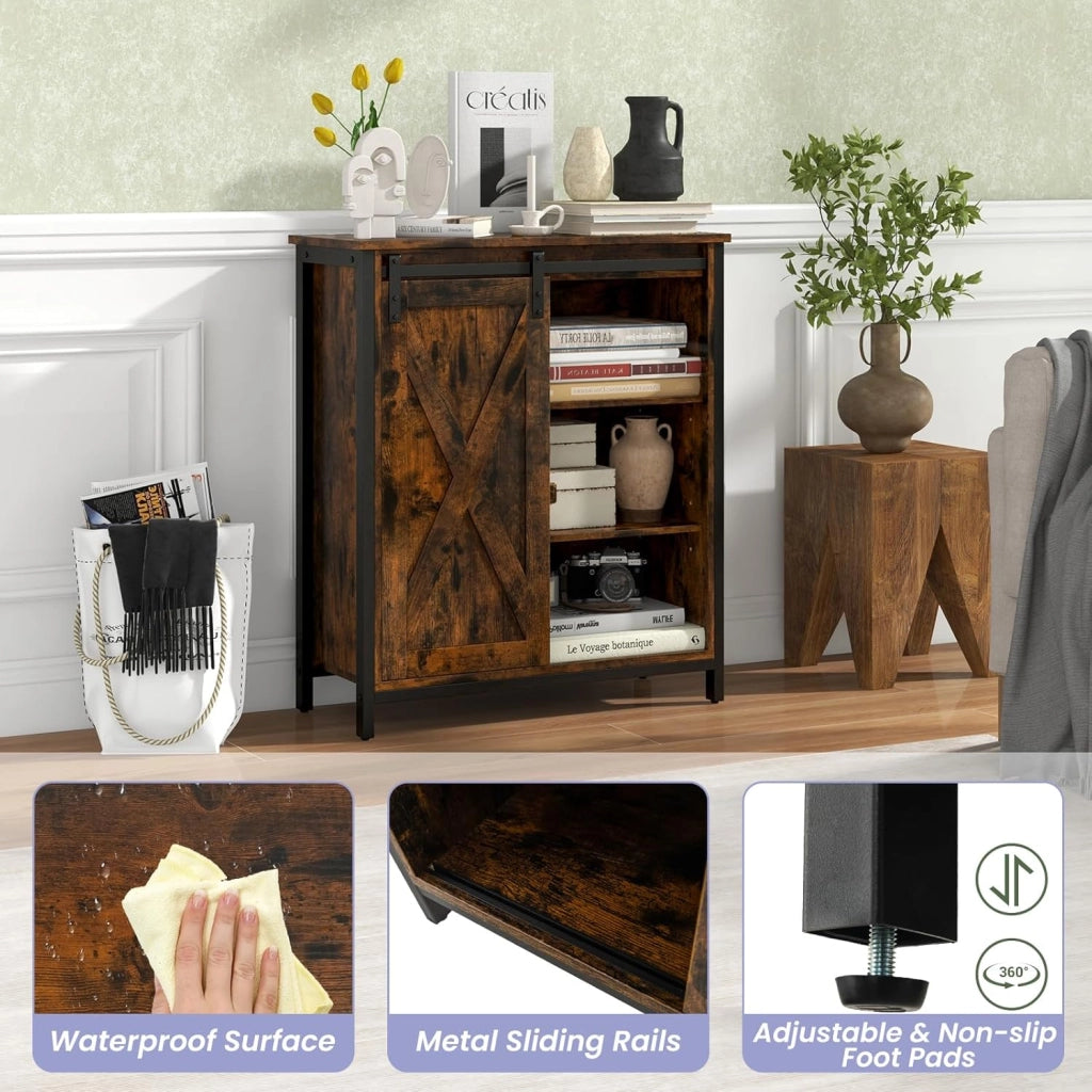 Credenza da Cucina, Mobile Buffet con Porta Scorrente in Stile Granaio, Armadio da Pranzo con 6 Scompartimenti e Ripiani Regolabili a 3 Livelli, Mobile Industriale, 70 x 30 x 81 cm