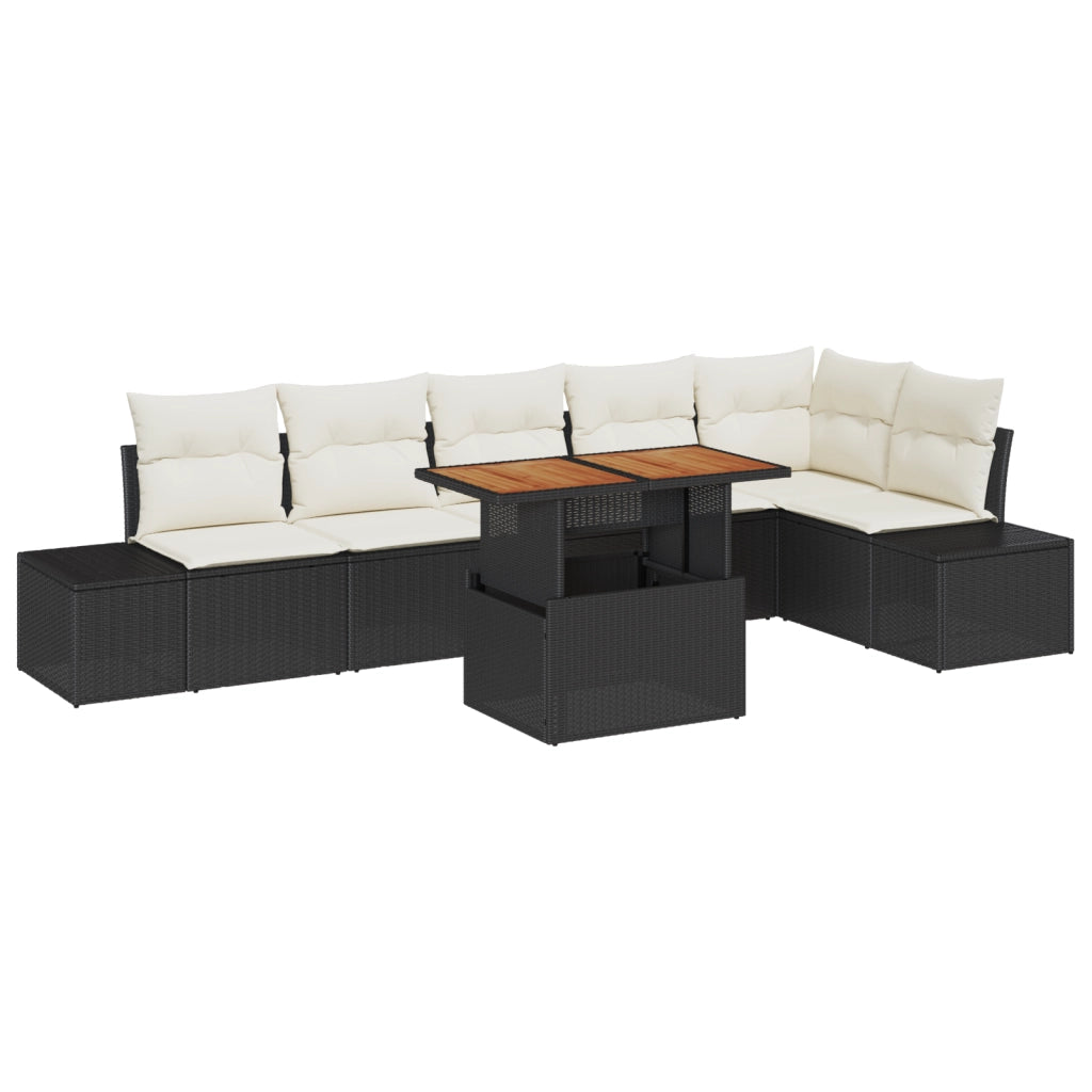Set da Pranzo da Giardino 7 Pezzi con Cuscini Nero Polyrattan Acacia