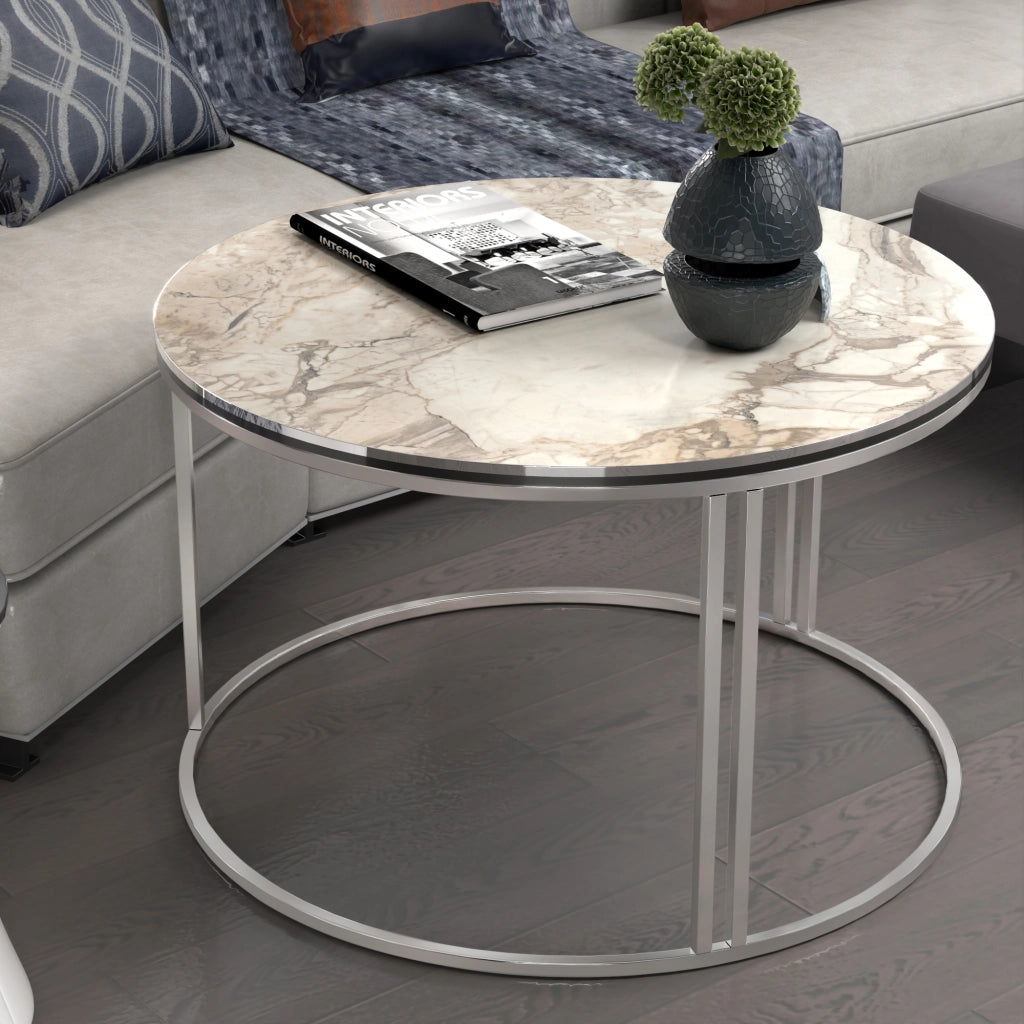 Tavolino Basso da Caffè 'Aulum' Piano Rotondo - Effetto Marmo Bianco / Argentato [en.casa]
