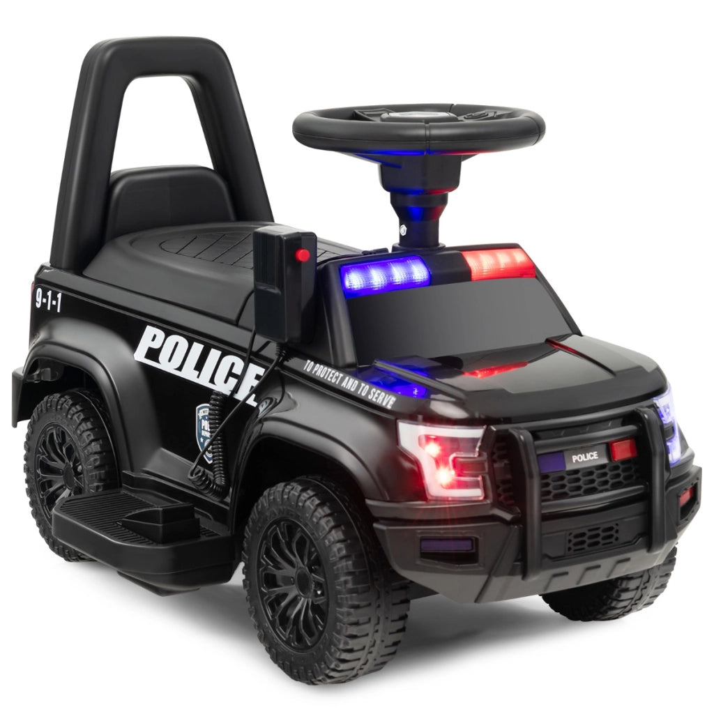 Auto della polizia giocattolo alimentata a batteria, Cavalcabile per bambini con megafono laterale clacson Nero