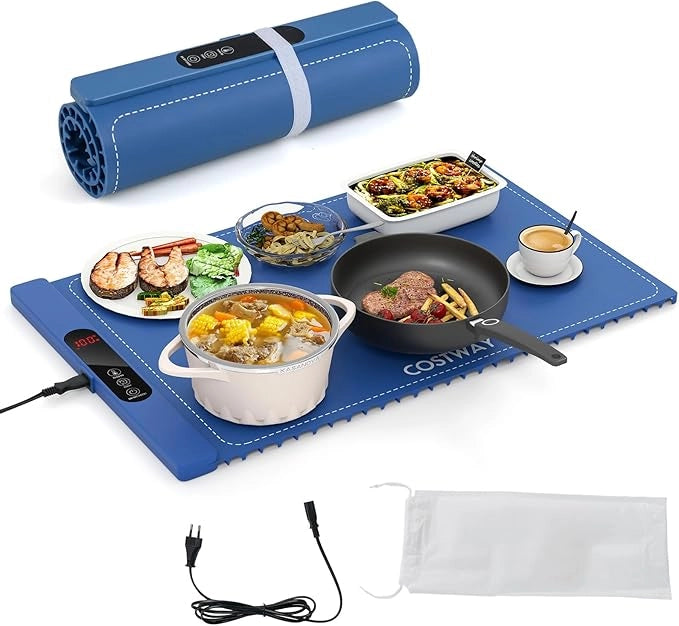Tappetino Riscaldante per Alimenti, Scaldavivande Elettrico Arrotolabile in Silicone, con Tempo e Temperature Regolabili, Cinturino Autobloccante, per Scongelamento (60 x 38cm,Blu)
