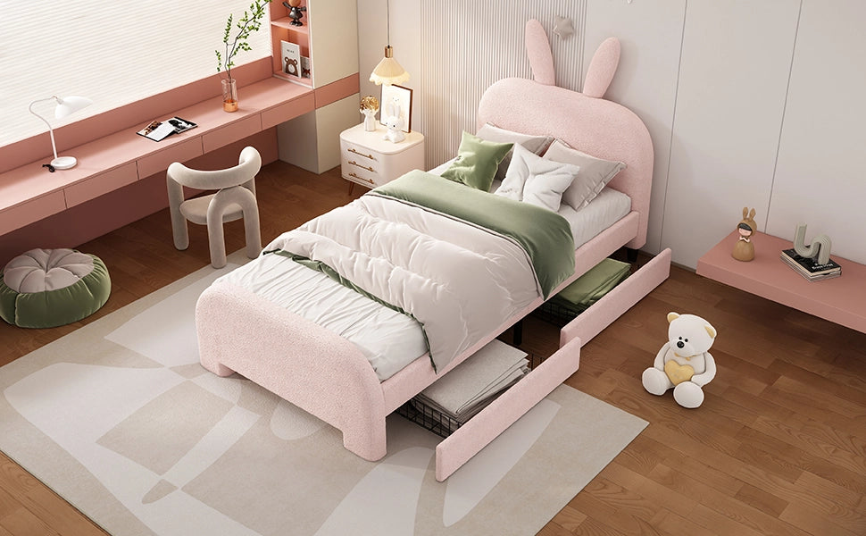 DESMIU Letto per bambini 90 × 200 cm 1 posto con 2 cassetti e testiera a coniglio, senza materasso, in peluche, rosa