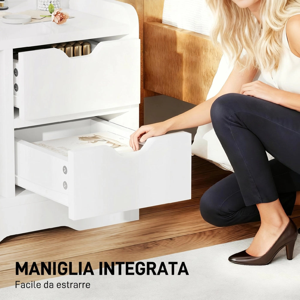 Comodino 40x30x60 cm con 2 Cassetti e Mensole Portaoggetti in Legno Bianco Lucido