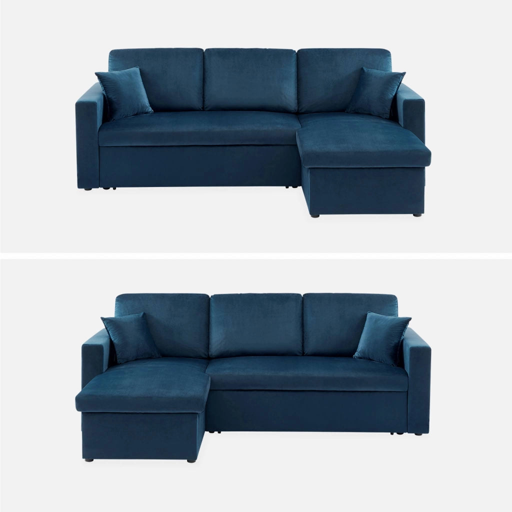 Divano letto angolare reversibile in velluto, 3 posti, blu