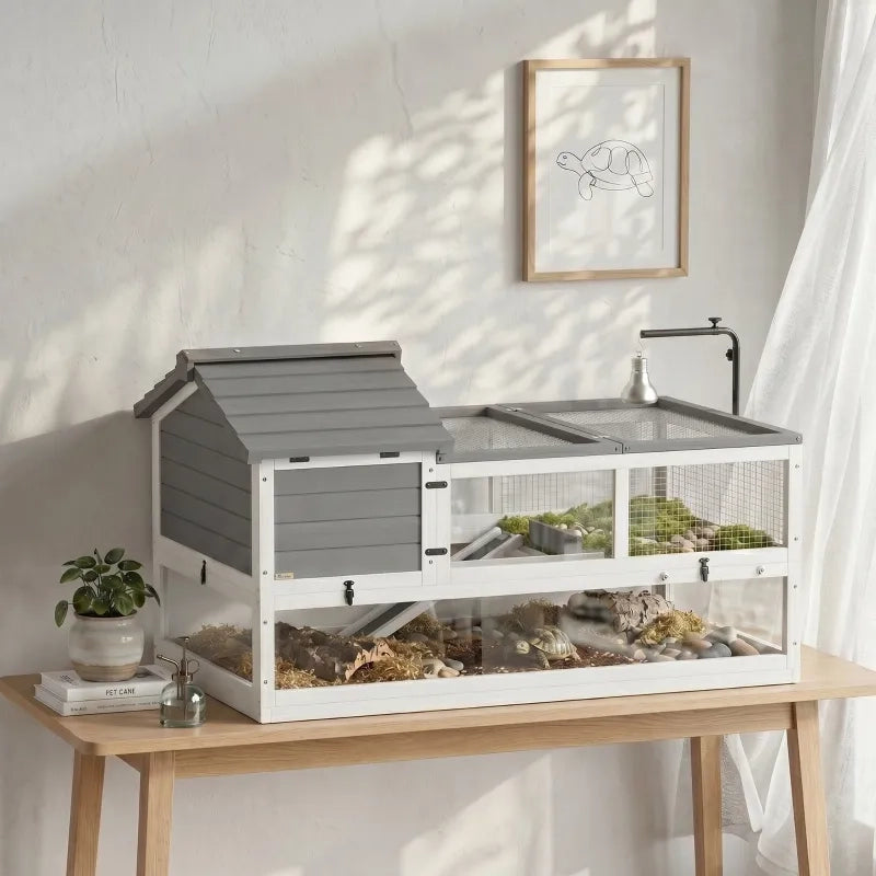 Casa per tartarughe in legno grigio con 2 case principali, coperchio apribile e supporto lampada