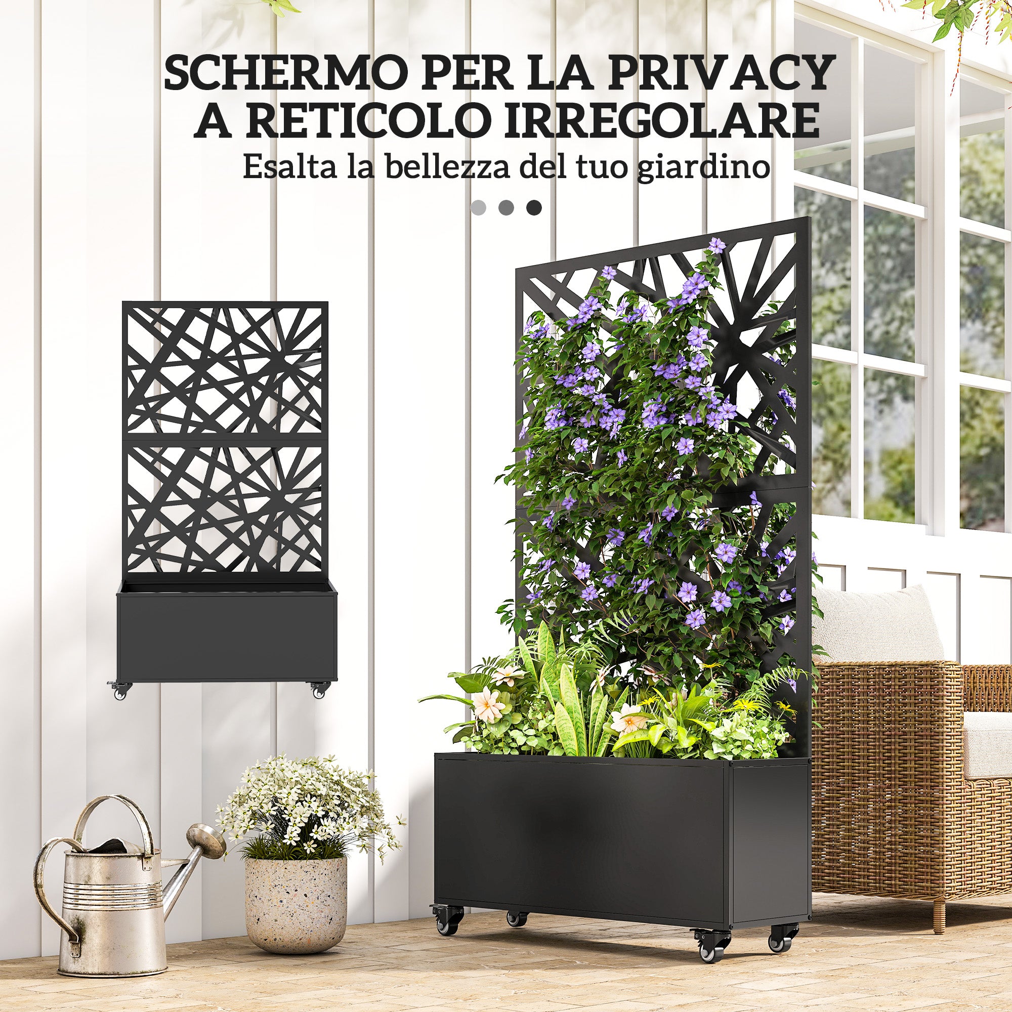 Fioriera con Grigliato per Rampicanti 90x30x160 cm a Rotelle Fori di Drenaggio in Metallo Nero