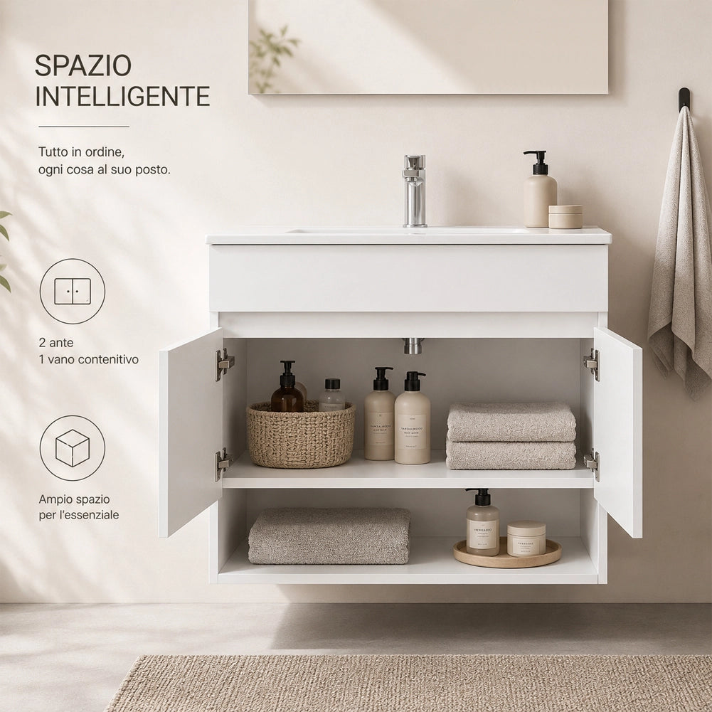 Set Completo Mobile da Bagno Sospeso 85.5cm Due Ante Bianco Specchio e Accessori
