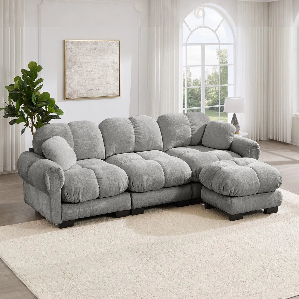 Divano angolare 3 posti ¨C Minimal ¨C grigio chiaro, velluto trapuntato, con poggiapiedi e cuscini