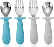 Set di 4 accessori per bambini in acciaio inox resistente all'usura e silicone, con cucchiaio, forchetta e design anti-coinvolgimento (Blu e Grigio)