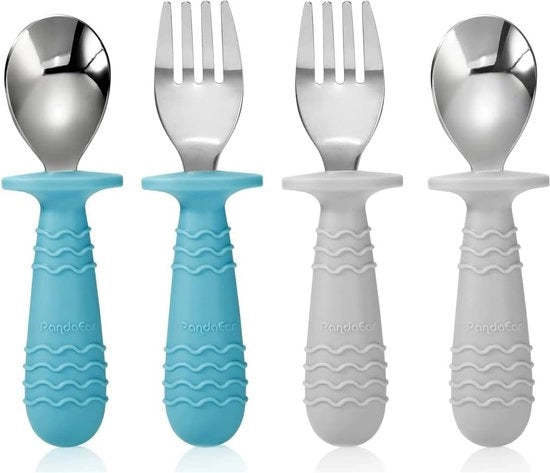 Set di 4 accessori per bambini in acciaio inox resistente all'usura e silicone, con cucchiaio, forchetta e design anti-coinvolgimento (Blu e Grigio)