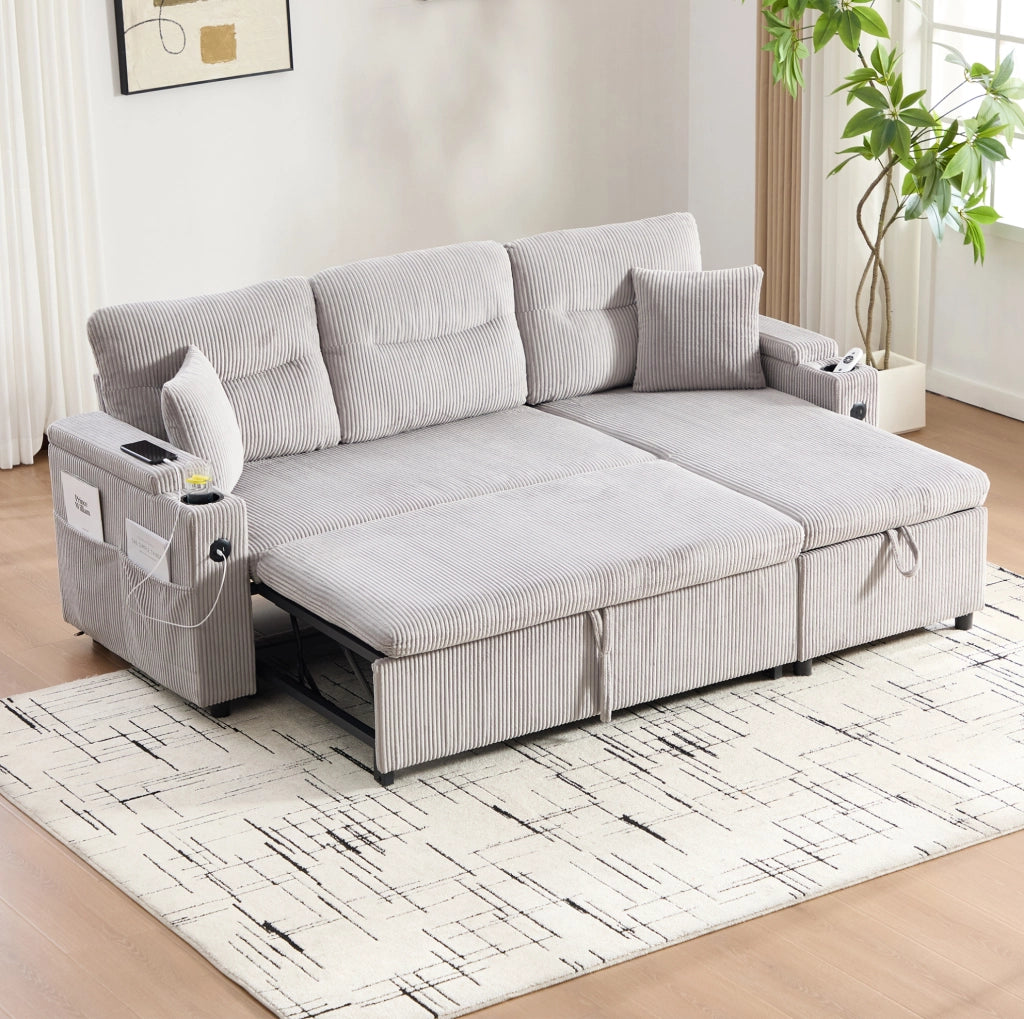 Divano letto 212.5x136x86 cm con chaise longue; letto estraibile e USB-C in corduroy grigio chiaro