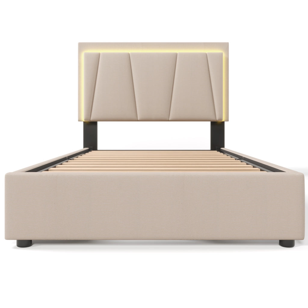 Letto singolo – 90x200 cm – LED testiera regolabile 2 cassetti – legno beige