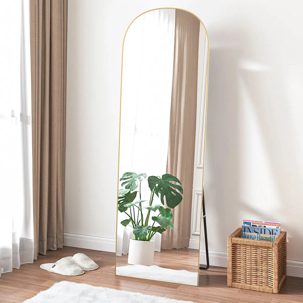 Specchio a figura intera 162 x 52 cm, specchio arcuato, specchio da terra con supporto, specchio arcuato a figura intera, oro, da terra o inclinabile