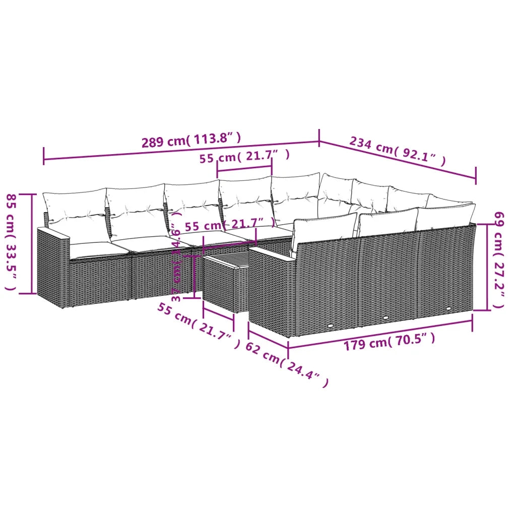 Set Divani da Giardino 11 pz con Cuscini Beige in Polyrattan