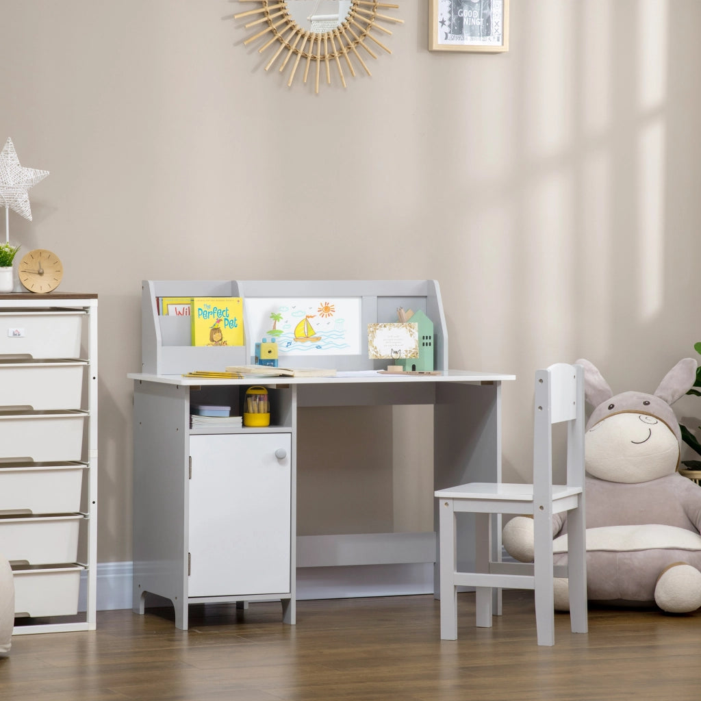 Set Tavolo e Sedie per Bambini 5+ Anni in Legno con Banco Scuola e Sedia Bianco e Grigio