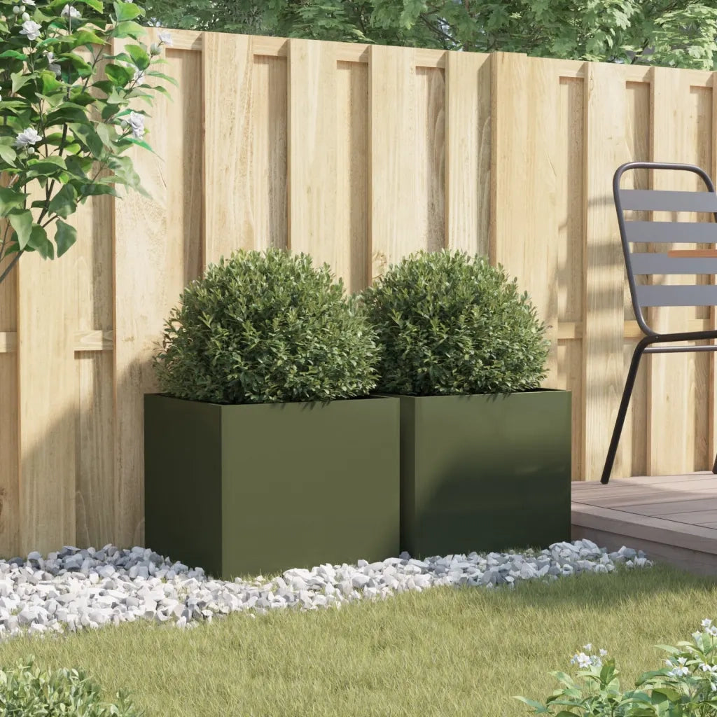 2 pz Fioriere | Cassetta per fiori | Vaso Verde Oliva 42x40x39 cm in Acciaio
