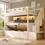 Letto a castello 90x200 cm con contenitore idraulico, LED, USB in pino e MDF bianco