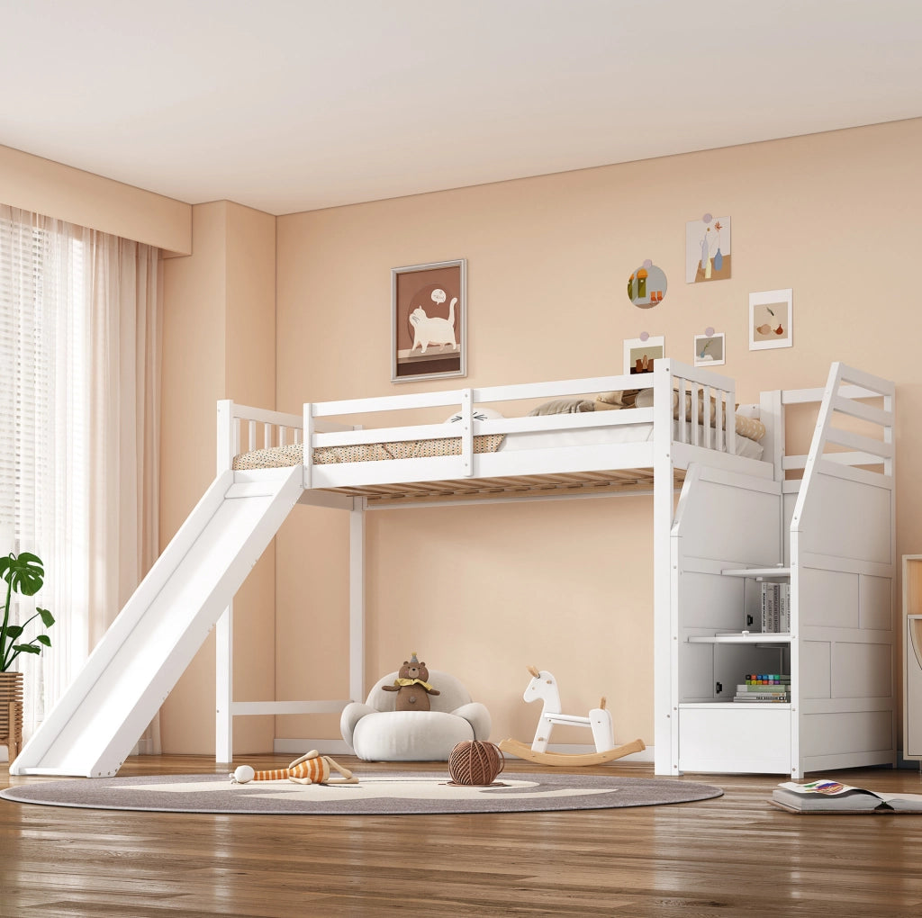 Letto a soppalco 90x200 cm con scivolo e scala portaoggetti in legno bianco
