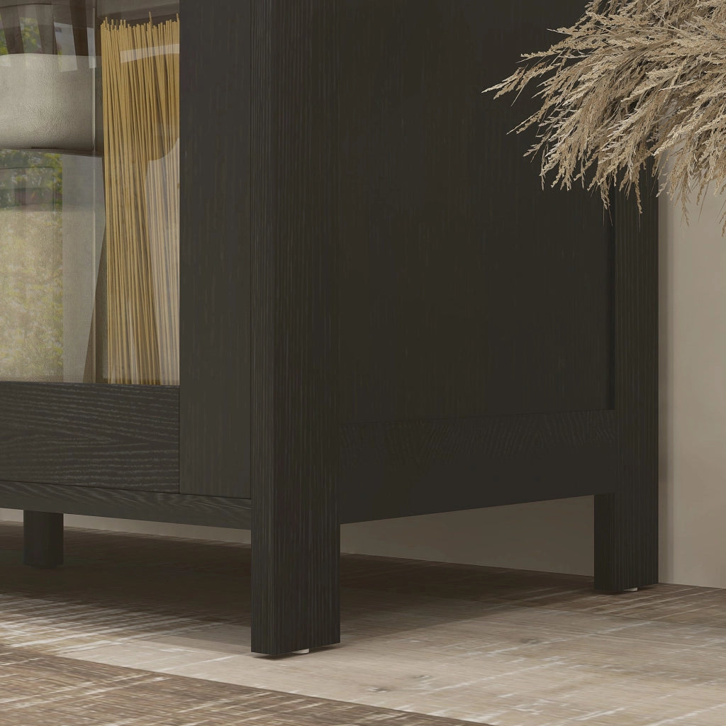 Credenza Stile Moderno Mobile Alto a 9 Ripiani Regolabili con Ante in Vetro 76x36x160 cm Nero e color Legno