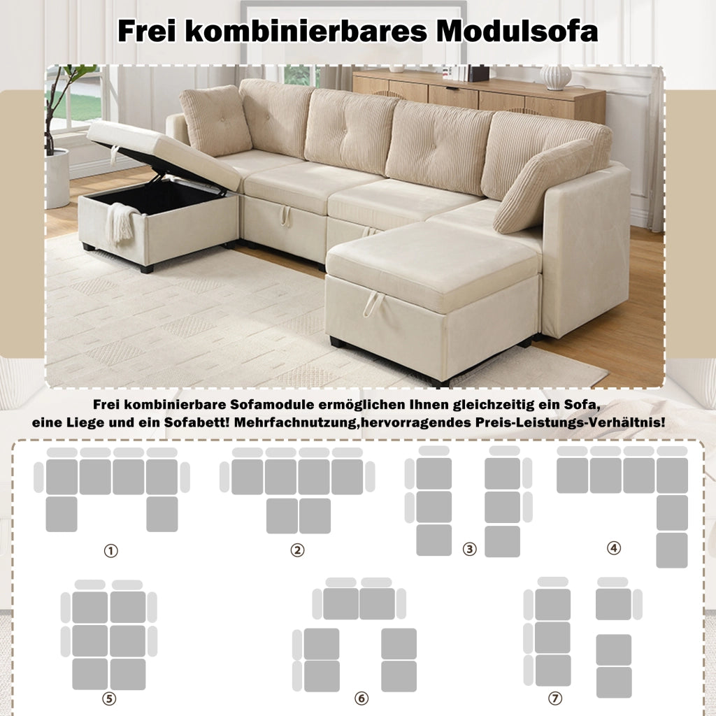 Divano modulare a U 6 posti con contenitore trasformabile in chaise longue o poltrona in velluto beige 261 × 132,5 × 85 cm
