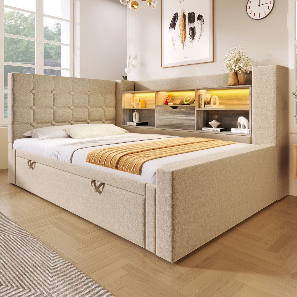 LETTO CONTENITORE 90x200 cm Beige in lino con LED e letto estraibile
