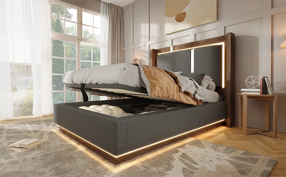 DESMIU Letto Contenitore 90 × 200 cm 1 posto con LED, apertura idraulica e senza materasso, in lino, grigio