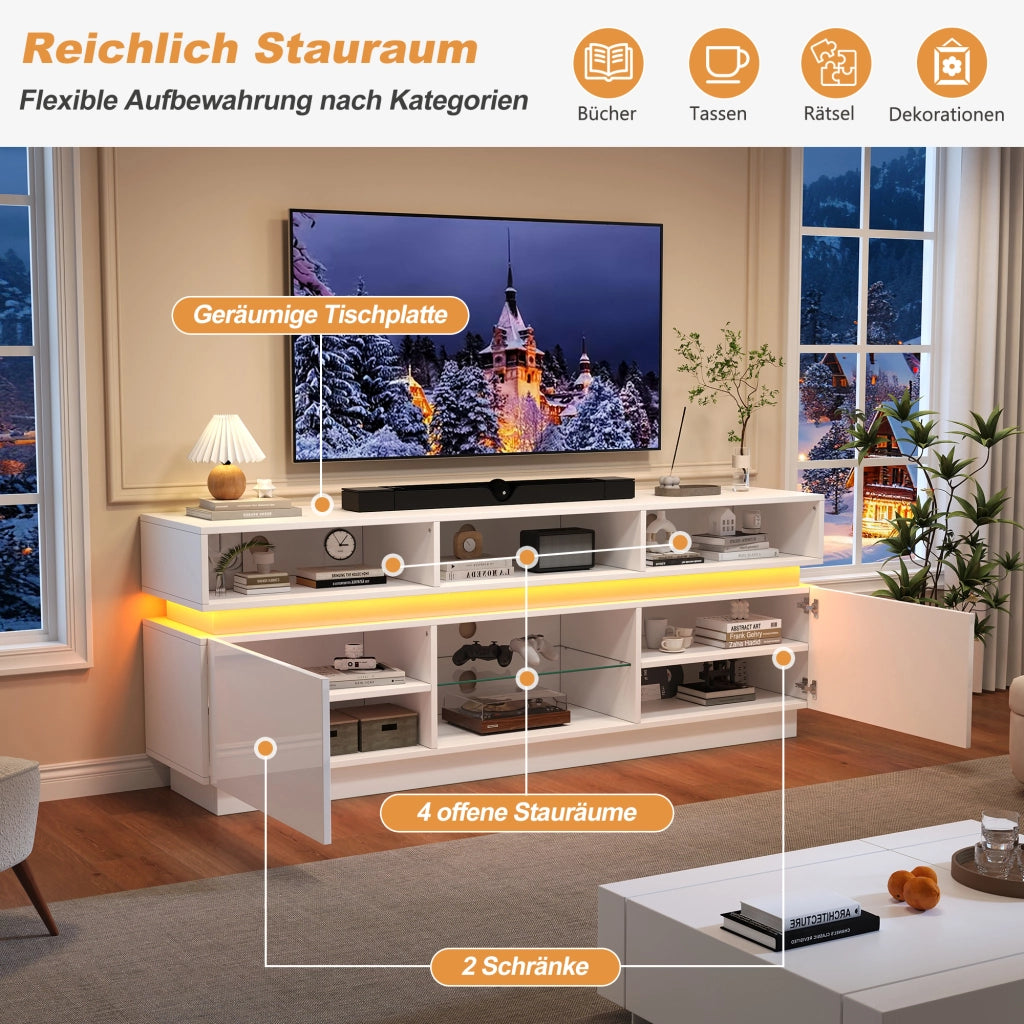 Mobile porta TV LED in MDF e vetro temperato con 10 vani, fronti lucide, bianco 160 × 35 × 60 cm