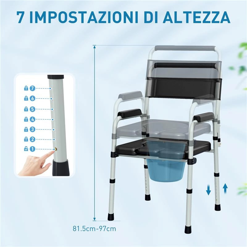 SEDIA WC PIEGHEVOLE E REGOLABILE CON BRACCIOLI E SCHIENALE IN ACCIAIO E PELLE PU 52.5X46X81.5-97 CM NERO