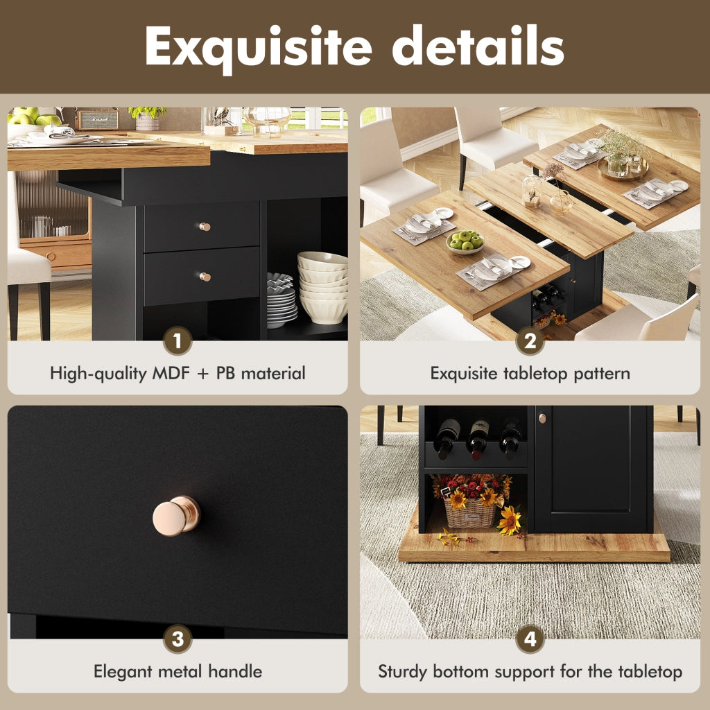 Tavolo da pranzo allungabile con anta ribaltabile, cassetto e ripiani, per cucina e soggiorno, nero, 110 × 80 × 75 cm