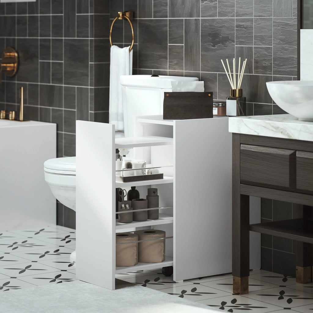 Mobiletto Bagno Stretto con Cassetto e Ruote ¨C Zephmum ¨C Bianco 47x30x66,5 cm