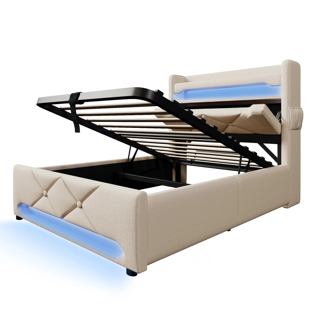 Letto singolo imbottito 90x200 cm con materasso, LED 360°, testiera con USB e vano contenitore, beige