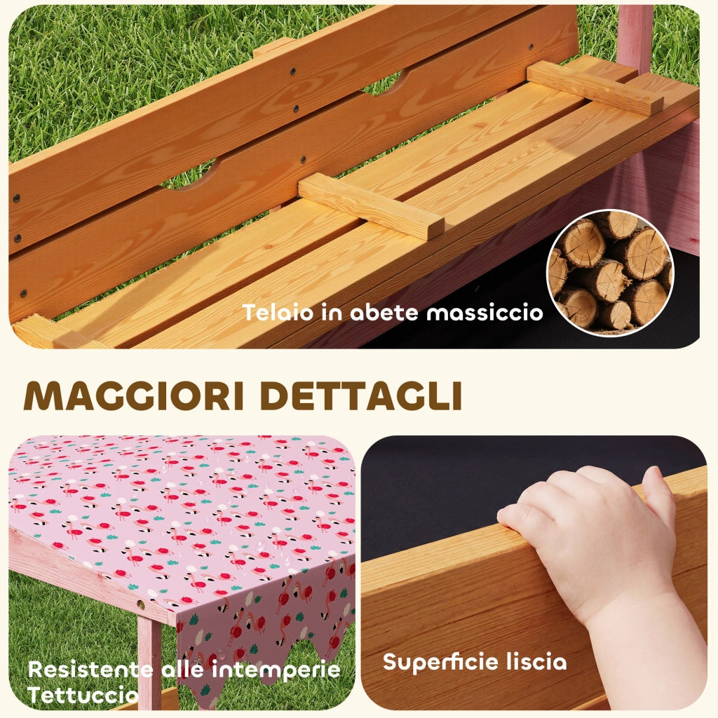 Sabbiera per Bambini 3-6 Anni 134,5x127,5x130 cm con Tettuccio Fenicotteri Sedute Pieghevoli Coperchio e Fodera in Legno