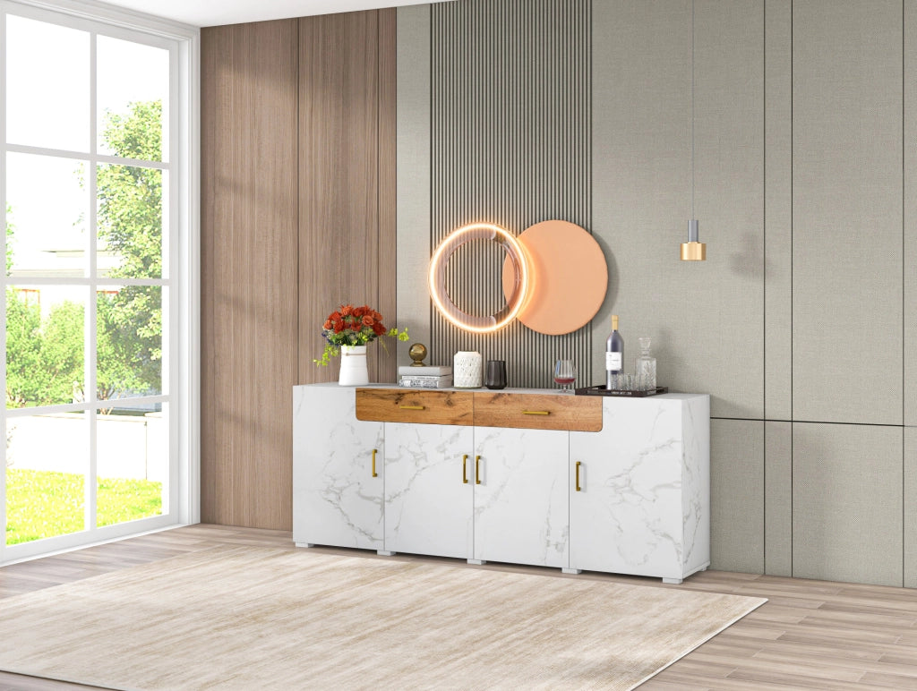 Sideboard bianco e marrone 208 x 39,5 x 80 cm con 4 porte e 2 cassetti in truciolato e PVC