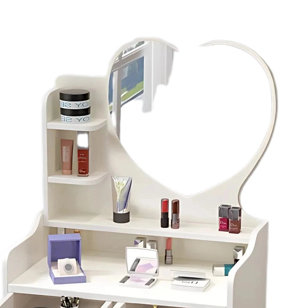 Trade Shop - Postazione Trucco Tavolo Make Up Specchiera Toeletta Con Specchio A Cuore Sgabello Bianco -