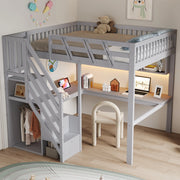 Letto a soppalco 140x200 cm con scrivania; scale contenitore e LED; grigio