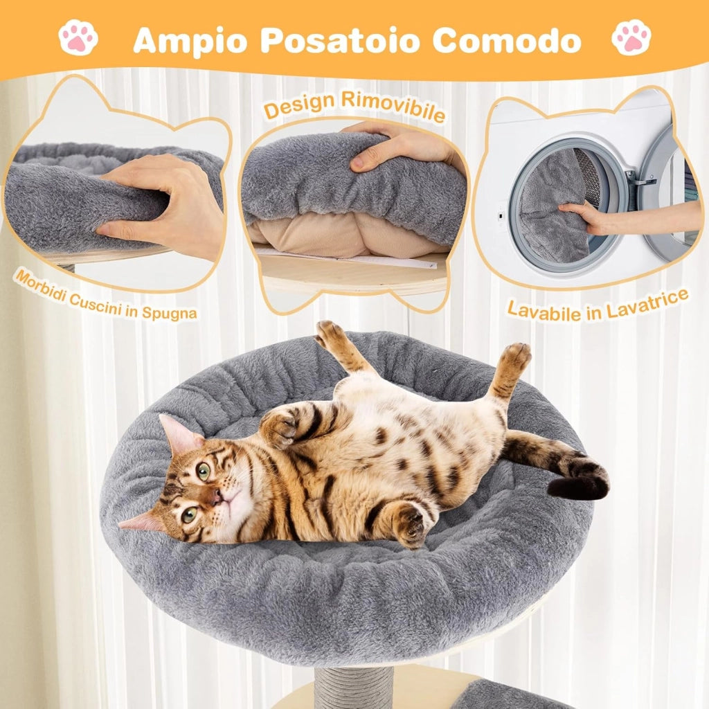Albero per Gatti Alto 172 cm, Tiragraffi per Gatti con Posatoio Imbottito Superiore, Rifugio Privato per Gatti, Tappetini Staccabili, Pali per Graffi e Base Stabile