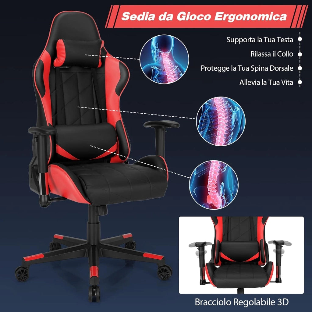 Sedia da Gaming Girevole a 360°, Sedia Ergonomica per Computer per Gaming con Poggiatesta e Cuscino Lombare, Angolo Reclinabile Regolabile (Rosso)